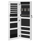 SONGMICS Armario Joyero, Espejo Joyero Montado en la Pared o en la Puerta, Espejo Colgante con Cerradura, 2 Organizadores de Maquillaje de Plástico Extraíbles, Idea de Regalo, Blanco JJC001W01