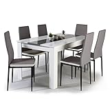 IDMarket – Conjunto de mesa de comedor Georgia, de 140 cm, blanca y gris, y 6 sillas Romane grises con ribete blanco