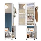 Hzuaneri Armario Joyero 8 LEDs, Organizador de pie para joyas con 1 perchero, Espejo de cuerpo entero con cerradura y 4 ruedas, Estantes de almacenamiento de 3 niveles, Blanco y Beige JC17003BE