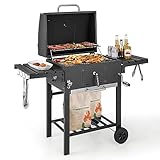 COSTWAY Barbacoa Carbon XXL, Barbacoa Portatil 128 x 54x 117 cm, Tapa, Termómetro, 2 Mesas Laterales Plegables, 8 Ganchos, 2 Ruedas y Abridor de Botellas