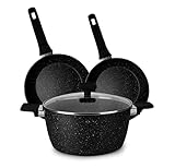 La Moustache - Batería de Cocina de Aluminio con Antiadherente【4 Piezas】sin PFOA y PFOS | 1 Olla (Ø24 cm), 1 Tapa y 2 Sartenes (Ø20/24 cm) para Todas las Cocinas, Incluso Inducción (Onix)