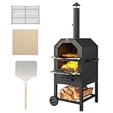 Outsunny Horno para pizza 2 en 1 con piedra para pizza, bandeja para cenizas, 2 parrillas, horno de leña con ruedas, termómetro, para jardín, camping, color negro