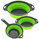 3 Piezas Coladores de Silicona Plegable, Cesta de Drenaje, Coladores de Alimentos, Coladores de Cocina Plegable con Asa para Escurrir Frutas y Verduras Pasta - Verde