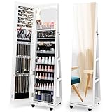 COSTWAY Armario para Joyas, Espejo Joyero de Pie Con Cerradura, Organizador De Joyas Con Espejo de Maquillaje Incorporado, Luces LED De 3 Colores, Estantes Ajustables Y Ruedas Universales (Blanco)
