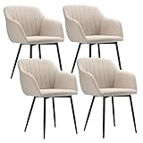 Goeurvant Sillas Comedor Beige Pack 4 con Reposabrazos Silla Comedor Fibra de Poliéster Sillas de Cocina Patas de Metal para Cocina, Salon
