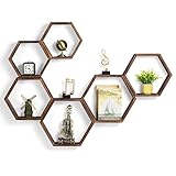 YBING Hexágono Estantería Flotante de 6 Piezas Estantes de Pared de Panal para Casas de Campo, Pantalla de Madera, Estantes Rústicos para Dormitorio, Salón, Pasillo, Oficina, Decoración, Marrón
