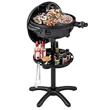 GOPLUS Parrilla Eléctrica 2 en 1, Horno de Barbacoa con Pie con Temperatura Ajustable, Placa Antiadherente de 2 Zonas, Estante para Condimentos, Bandeja para Grasas, para Interior y Exterior