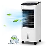 GOPLUS Climatizador Evaporativo 4 en 1 con Depósito de Agua 7L, Aire Acondicionado 65W, 3 Velocidad, Temporizador 7,5H, Purificación Ventilador Humidificador Enfriador de Aire Móvil, Control Remoto