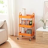 [en.casa] Carro de Servicio con 3 Cestas con Base de Malla Metálica Estantería de Baño con 4 Ruedas Carrito de Cocina Multiusos Versátil Resistente Acero 79 x 46 x 35 cm - Naranja