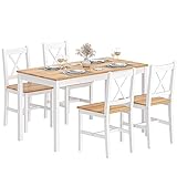 DlandHome - Mesa de comedor con 4 sillas (5 piezas, conjunto de muebles de cocina, madera de pino o teca/blanco