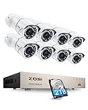 ZOSI 5MP Kit de Cámara de Vigilancia PoE 8CH H.265+ NVR Sistema de Videovigilancia con 8pcs Cámara Exterior, Visión Nocturna, Alarma de Movimiento, 2TB HDD Incluido