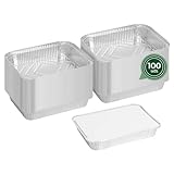 MAXI PRODUCTS - 100 Bandeja de Aluminio con Tapa Rectangular de 1100 cc - Envase comida para llevar - Recipiente Aluminio - 23,5 x 17,5 x 4 cm - Bandejas Práctica y Apilable - APTO HORNO Y CONGELADOR