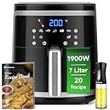 Aigostar Freidora de Aire 7L, 1900 W, Freidora sin Aceite con 7 Funciones, Pantalla Táctil LED, Doble Uso: con Cesta o Cajón. Sin BPA. Libro de Recetas Incluido, Cesta Antiadherente, Negra(IBT)