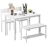 SogesPower Conjunto de Mesa y Sillas de Comedor, con 1 Mesa, 2 Sillas y 1 Banco, Juego de Mesa de Comedor para 4 Personas, Adecuado para Cocina, Comedor, Blanco