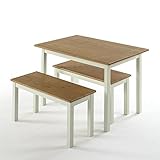 Zinus Becky Mesa de Comedor con 2 Bancos - Mesa 114x74x71 cm - Juego de Mesa de Comedor de Madera con Bancos - Juego de Cocina Estilo Granja 3 piezas - Blanco y Marrón