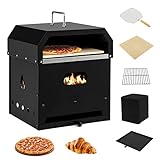 GOPLUS Horno de Pizza 4 en 1 con 32cm de Piedra, Alimentado con Madera y Gránulos, Horno para Pizza con 2 Capas, Parrilla de Barbacoa, Cubierta Impermeable, Portátil para Exterior Camping, Hasta 300ºC