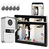 Videoportero Smartphone 2 Hilos, Timbre Video Mirilla y 7'' Pantalla Táctil, Visión Nocturna, Desbloqueo Remoto, Audio Bidireccionall para Chalet,casa, Oficina con 1 cámara y 2 monitores