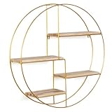 IDMarket - Estantería de pared redonda LILY 4 niveles madera y metal dorado diseño industrial
