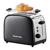 Russell Hobbs Tostadora Colours Plus, 2 Ranuras Cortas y Anchas, Tostador para 2 Rebanadas, Bandeja Recogemigas, Calientapanecillos, Función Cancelar y Descongelar, Acero Inoxidable, Negro, 26550-56