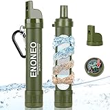 ENONEO Filtro de Agua Personal 1500L Purificador Agua Portatil Elimine 99.99% de Bacterias y Protozoos con Espejo, Silbato y Brújula Filtro Agua Supervivencia Senderismo Acampada (Verde)