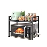 LUHWYJA Soporte Extensible para Horno de Microondas, Estante Ajustable, Rejilla para encimera de Cocina Organizador Estanteria Mueble con 6 Ganchos (2 Niveles, Negro)