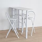 DUPI Conjunto Mesa de Cocina Bar con Estructura metálica y Tabla de Madera con 4 estantes + 2 Taburetes Plegables con Patas (Blanco)