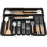 Euqvunn Organizador de Cubiertos Expandible, Bandeja Ajustable 6-9 Ranuras con 2 Bloques Removibles para Cuchillos, Compacto Plástico Cuberteros para Cajon Cocina Para Tenedores y Cuchillos (Negro)