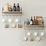 Petrala Estantería de pared de madera para café o cocina, estantería flotante, juego de 2 unidades, tabla de pared con toallero, gancho rústico, vintage, sala de estar, estantería para tazas