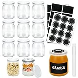 Loyaboho 12 Vasos Yogurtera con Tapa, 200 ml Tarros de Cristal con Tapa, Botes de Cristal con Tapa Tapa Para Pudín y Yogur, Vasos Yogurtera de Cristal Con etiqueta y bolígrafo