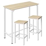 EUGAD Set Mesa de Bar y 2 uds. Taburete de Bar Muebles Cocina Silla de Comedor para Salon Cocina Mesa 100x40x100 cm Estructura de Metal, Roble Claro + Blanco