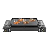 Hornillo de camping de 2 quemadores con plancha y maletín, barbacoa portátil de gas para exteriores, camping y pícnic, quemador doble de 5000 W con protección contra el viento y sistema de cocción