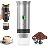 PZCC Cafetera de café portátil, 3 en 1 cafetera de café expreso eléctrica, 12 V expreso cafetera recargable, para oficina, viaje, casa, compatible con cápsulas espresso y café molido (plateado)