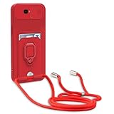 Beajew Funda para Samsung Galaxy J4 Plus, Cubierta de Cámara Deslizante Proteger,Anillo Soporte magnético de Hierro+Ranura para Tarjeta,Ajustable Collar Correa de Cuello Cordón -Rojo