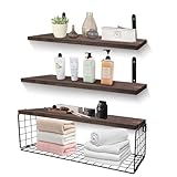 Juego de 3 estantes flotantes de madera, estantes de almacenamiento de baño para pared, estante de cocina rústico con cesta de almacenamiento, estantería de pared, decoración para baño, cocina