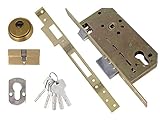 Amig - Cerradura de Embutir Mod.200 con Cilindro de Seguridad y Escudo + 5 Llaves - Para Puertas de Madera de Entrada - Con Picaporte Reversible - Para Manillas de 8 mm - De Acero Latonado