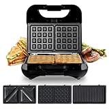 UNIVERSALBLUE Sandwichera, Gofrera y Grill 3 en 1 Placas Intercambiables - Plancha Eléctrica 700W - Placas Antiadherentes Aptas Lavavajillas, Sistema de Seguridad, Acero Inox, Apertura 90º