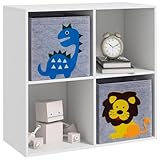 ZONEKIZ Estantería para Juguetes Infantil Librería para Niños de +3 Años con 4 Compartimientos de Almacenaje y 2 Cajones de Tela no Tejida con Imagen de Animales 61,8x29,9x61,8 cm Blanco y Gris