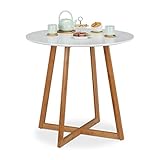 Relaxdays Mesa Comedor Redonda Nórdica, Mesa Cocina para 2, Bambú-DM, 75x80 cm, Blanco-Marrón
