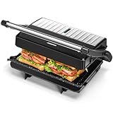 Aigostar York Pro - Sandwicheras y Panini, Parrilla Eléctrica, Grill con Placas Antiadherentes, 1000W, Apertura de 180º Dos Superficies de Cocinado de 23 x 14.5cm, Pinza de Cierre.