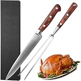 GiReich Set 2 Utensilios Barbacoa, Utensilios para Barbacoa de Acero Inoxidable, Cuchillo de trinchar y tenedor de 2 piezas, Mango de Madera 100% natural, Cuchillo para Carne y Tenedor para Carne