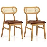 HOMASIS Juego de 2 sillas de comedor acolchadas, sillas de cocina con respaldo de ratán, silla tapizada de piel sintética, patas de madera maciza, soporta 180 kg, sillas de madera para comedor,