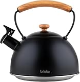 briebe Nordic Tetera Inducción Silbante 2,3L, Infusiones, Hervidor de Agua Acero Inoxidable, Todo Tipo de Cocinas, Vitrocerámica, Gas, Mango Madera Tacto Frío, Tea Pot, Negro