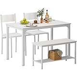 sogesfurniture Mesa de Comedor conjunto de 4 piezas, con Mesa de Comedor 110 * 70 * 76 cm, dos Sillas, un Banco con estructura de metal, Mesa de cocina rectangular conjunto, para Comedor, Color Blanco