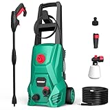 HYCHIKA Hidrolimpiadora, 110 Bar Max. 410 l/h Caudal 1500W Lavacoches Portátil con Depósito de Espuma, Manguera de Alta Presión 5m, Cable 5m, hidrolavadora Ideal para Coches Vallas Patios
