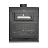 MF - Barbacoa de Leña con Horno para Interiores Modelo M80 de 90 x 56 x 104 cm en Acero con Rejilla de Hierro Fundido, Horno con Ladrillo Refractario, Termómetro y Parrilla de Asado