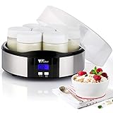 amzdeal Yogurtera - Máquina de Yogurt con 7 Tarros de 200ML, Temporizador de 12 Horas & Pantal LCD, Apagado Automático, Acero Inoxidable 304 & Bajo Consumo, Máquina para Yogur Casero y Natural