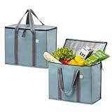 VENO Pack de 2 Bolsas de Comestibles Reutilizables Aisladas con Fondo de Cartón, Entrega de Alimentos, Resistente, Grande, Soportes Verticales, Plegables（Azure,Pack de 2）