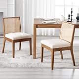 Wahson Sillas de Comedor con Respaldo Juego de 2 Sillas de Cocina Tapizado en Lino, Sillas Madera Modernas Cojín Grueso Sillas de Rattán Rústica para Salón/Restaurante, Beige