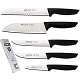 Arcos Juego Cuchillos Cocina Profesionales| Cuchillos Cocina Profesional | Cuchillos Acero Inoxidable Mango Negro | utensilios de cocina | cuchillo japones Santoku | lavavajillas (5 Piezas)