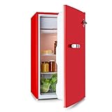 Klarstein Beercracker 90L – Nevera de 90 litros, eficiencia energética de clase A+, incluye congelador, cajón para verduras, 3 compartimentos en la puerta, abrebotellas, 2 baldas de vidrio, rojo